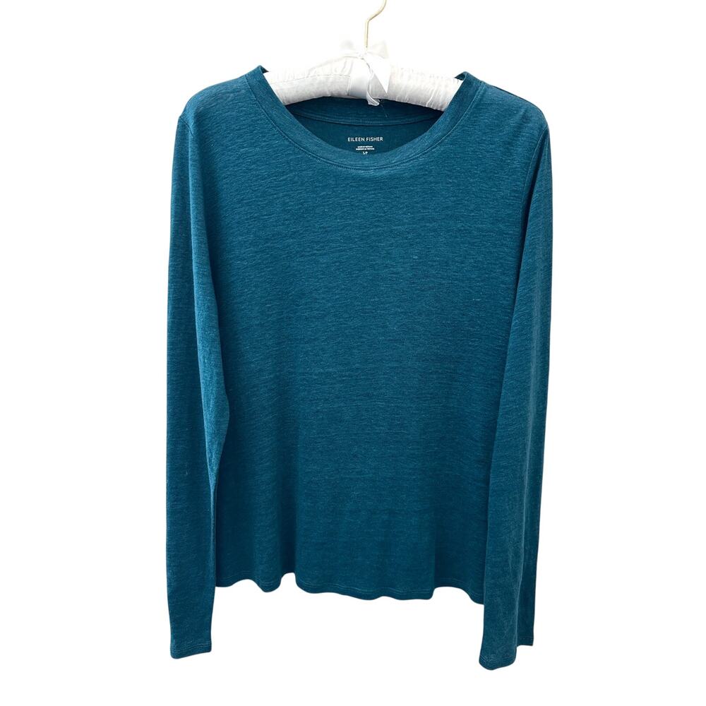 EILEEN FISHER Organic Linen Teal Long Sleeve Top Coastal Minimalist | Small